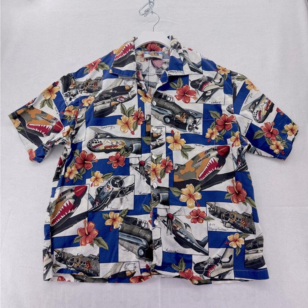 Vintage Men’s Matt Rider Hawaiian Shirt size Large Cotton Blend Fighter Jets